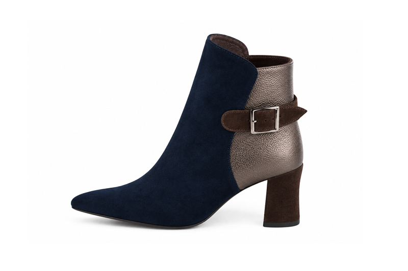 Sophisticated leather ankle boots detailed with an elegant back buckle and heel-strap finish for a distinct couture look, in navy blue and antique gold leather with almond toe and high slim heel - Florence KOOIJMAN
